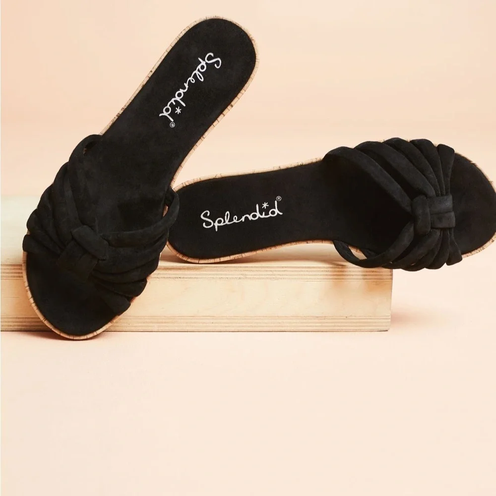 Splendid Black and Tan Slip-On Sandals with Woven Straps